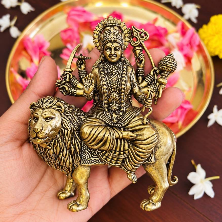 Antique Gold Finish Goddess Durga Brass Idol (11.5 cm) | Simhavahini Durga Statue on Lion